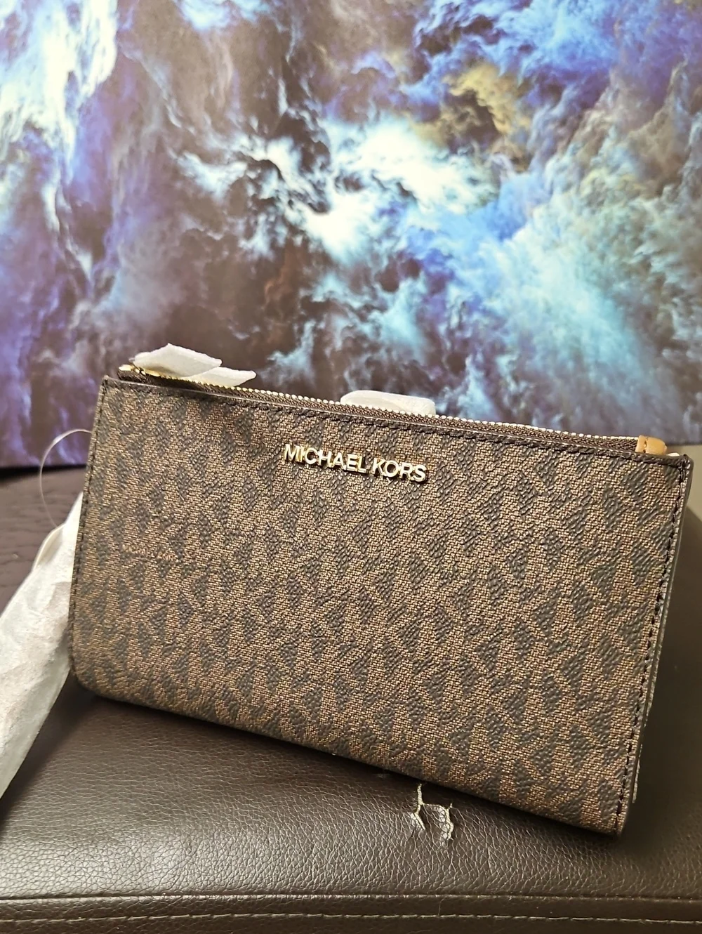 Michael Kors Brown Monogram Zip-Around Wallet with Gold Logo